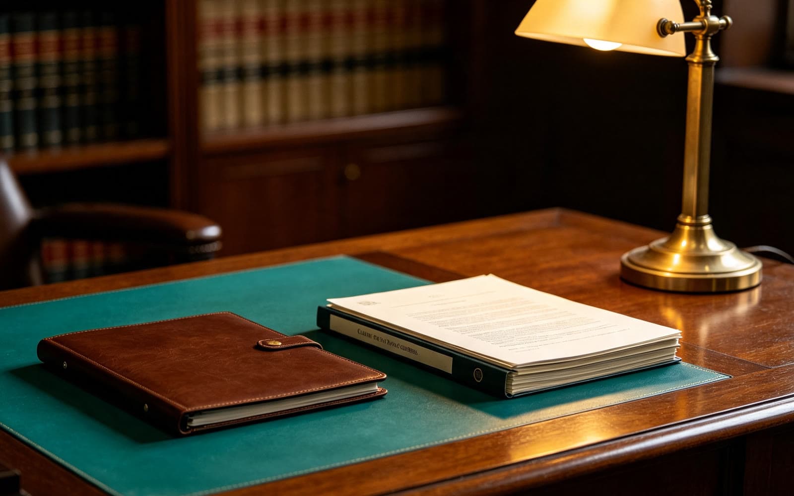 Detalhe de documentos societários e uma caneta sobre mesa de madeira em escritório